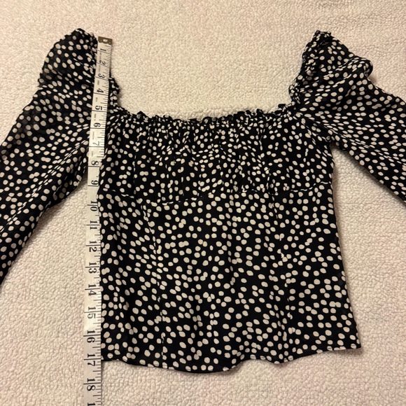 Reformation Bacio Top Pearls Black White Polka Dot Blouse Smocked Ruffle Back - Picture 7 of 13